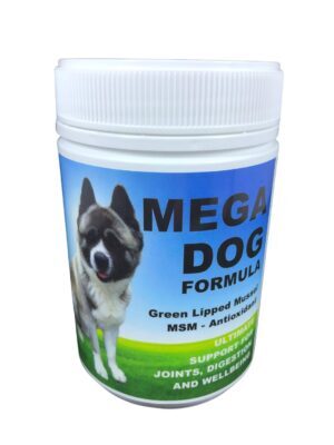 Mega Dog formula joint supplement for dogs in a container